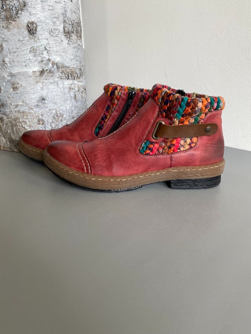 Rieker Felicitas Red Ankle Boots Wool Knit Collar & Lining Euro 42 US 10